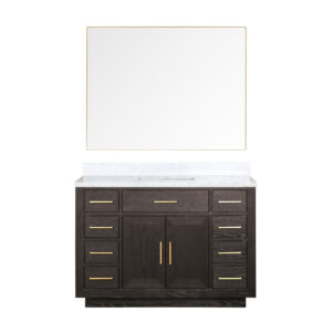 Abbey 48W x 22D Brown Oak Single Bath Vanity, Carrara Marble Top, and 46Mirror