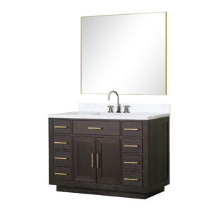 Abbey 48W x 22D Brown Oak Single Bath Vanity, Carrara Marble Top, Faucet Set, and 46Mirror