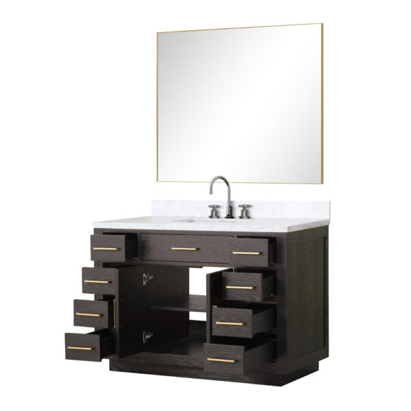 Abbey 48W x 22D Brown Oak Single Bath Vanity, Carrara Marble Top, Faucet Set, and 46Mirror