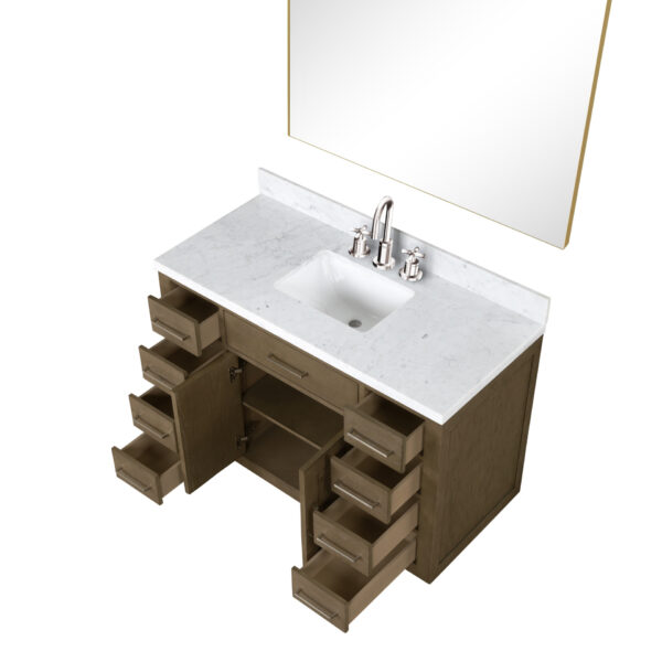 Abbey 48W x 22D Grey Oak Single Bath Vanity, Carrara Marble Top, Faucet Set, and 46Mirror