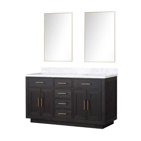 Abbey 60W x 22D Black Oak Double Bath Vanity, Carrara Marble Top, and 28Mirrors