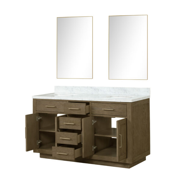 Abbey 60W x 22D Grey Oak Double Bath Vanity, Carrara Marble Top, and 28Mirrors