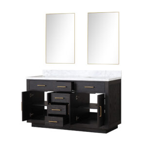 Abbey 60W x 22D Black Oak Double Bath Vanity, Carrara Marble Top, and 28Mirrors