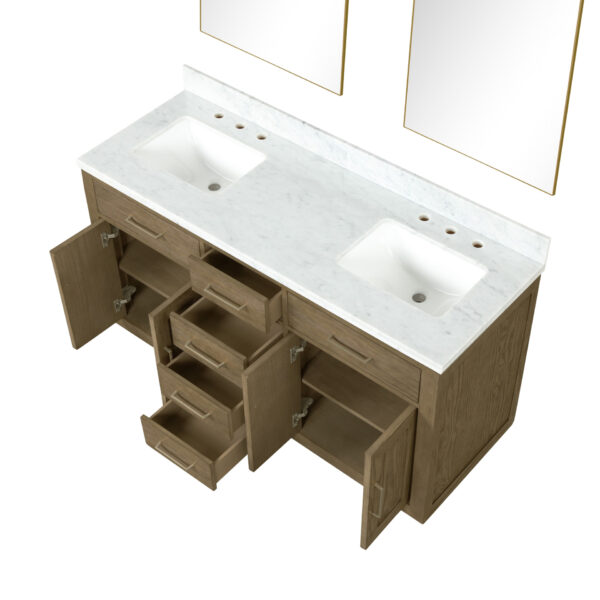 Abbey 60W x 22D Grey Oak Double Bath Vanity, Carrara Marble Top, and 28Mirrors