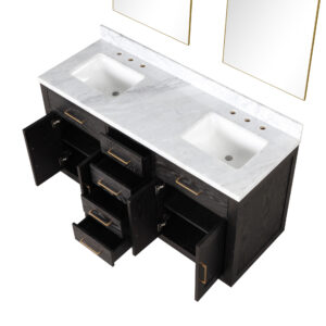 Abbey 60W x 22D Black Oak Double Bath Vanity, Carrara Marble Top, and 28Mirrors