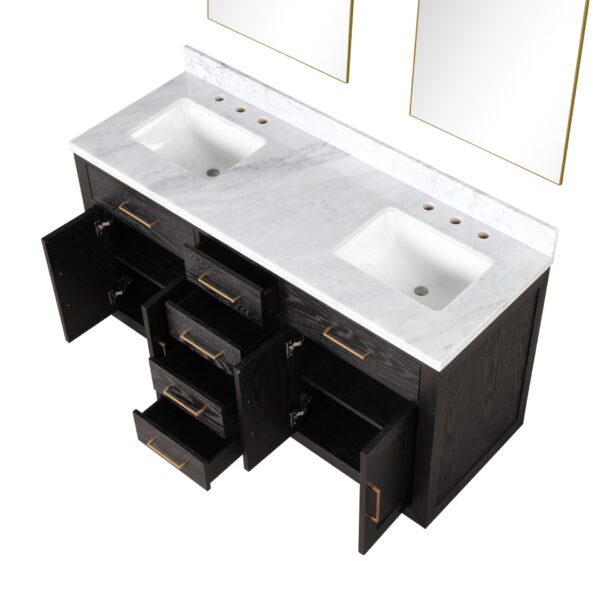 Abbey 60W x 22D Black Oak Double Bath Vanity, Carrara Marble Top, and 28Mirrors