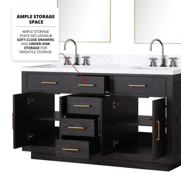 Abbey 60W x 22D Black Oak Double Bath Vanity and Carrara Marble Top