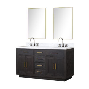 Abbey 60W x 22D Black Oak Double Bath Vanity, Carrara Marble Top, Faucet Set, and 28Mirrors