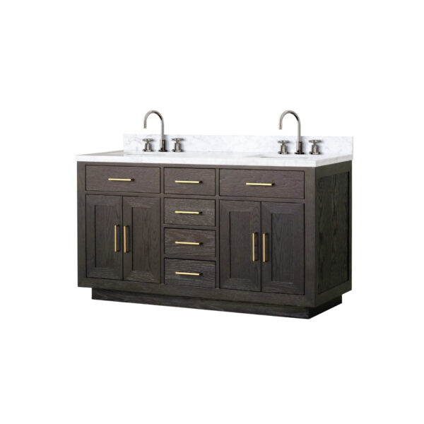 Abbey 60W x 22D Brown Oak Double Bath Vanity, Carrara Marble Top, and Faucet Set