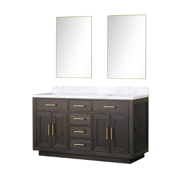 Abbey 60W x 22D Brown Oak Double Bath Vanity, Carrara Marble Top, and 28Mirrors