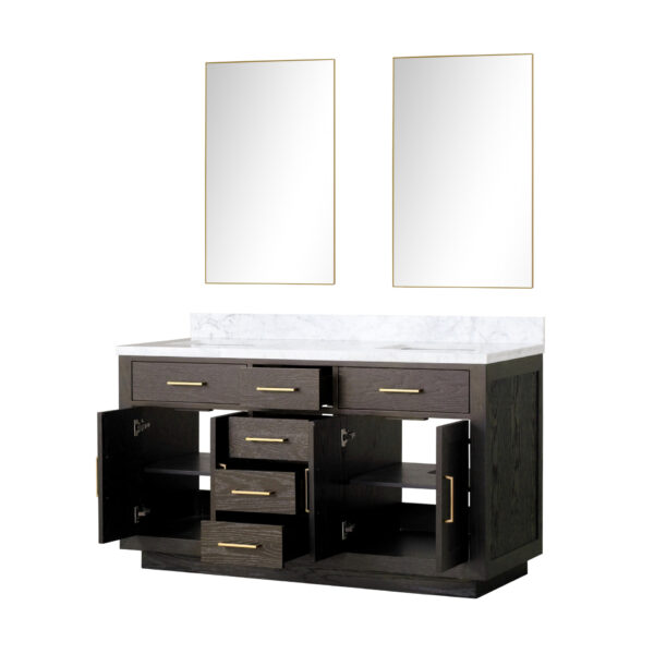 Abbey 60W x 22D Brown Oak Double Bath Vanity, Carrara Marble Top, and 28Mirrors