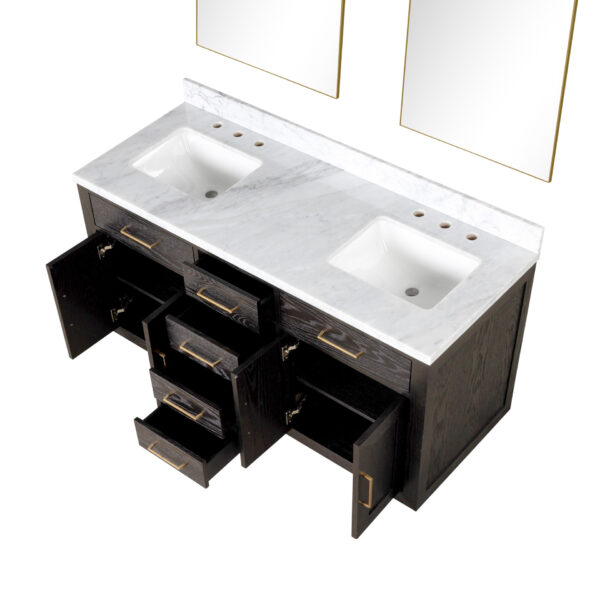 Abbey 60W x 22D Brown Oak Double Bath Vanity, Carrara Marble Top, and 28Mirrors