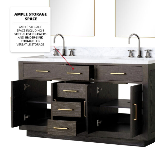 Abbey 60W x 22D Brown Oak Double Bath Vanity and Carrara Marble Top