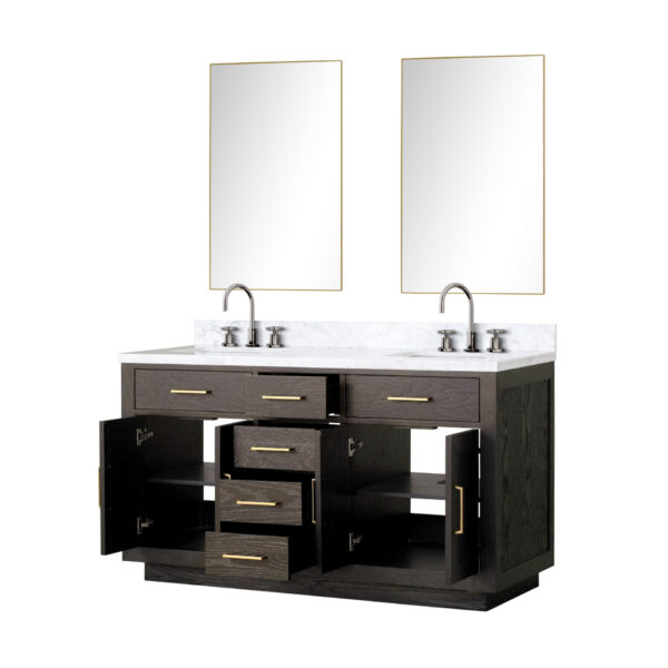 Abbey 60W x 22D Brown Oak Double Bath Vanity, Carrara Marble Top, Faucet Set, and 28Mirrors