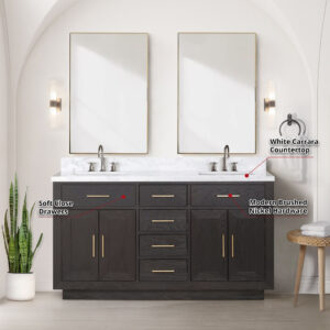 Abbey 60W x 22D Brown Oak Double Bath Vanity and Carrara Marble Top