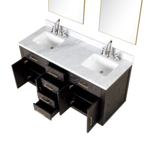 Abbey 60W x 22D Brown Oak Double Bath Vanity, Carrara Marble Top, Faucet Set, and 28Mirrors