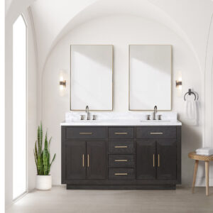 Abbey 60W x 22D Brown Oak Double Bath Vanity and Carrara Marble Top