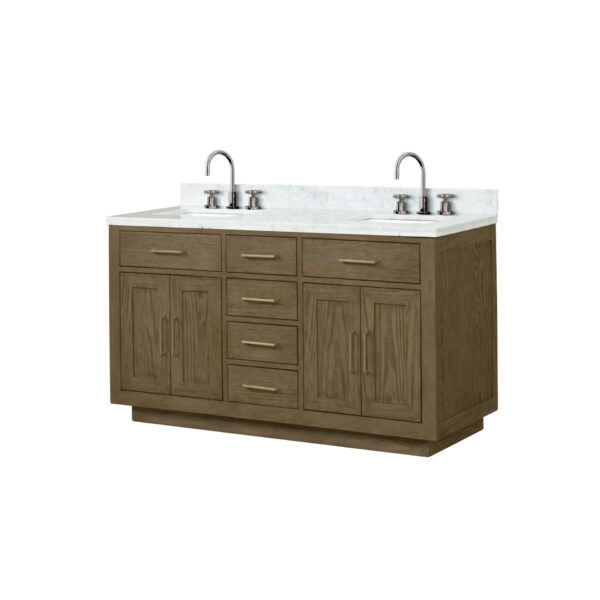 Abbey 60W x 22D Grey Oak Double Bath Vanity, Carrara Marble Top, and Faucet Set