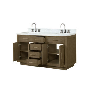 Abbey 60W x 22D Grey Oak Double Bath Vanity, Carrara Marble Top, and Faucet Set