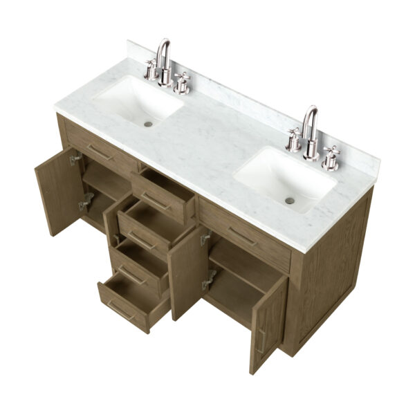 Abbey 60W x 22D Grey Oak Double Bath Vanity, Carrara Marble Top, and Faucet Set