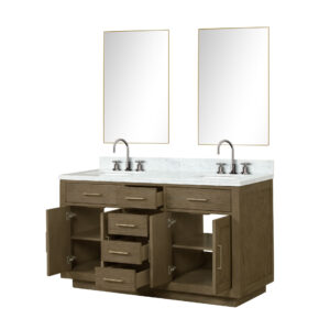 Abbey 60W x 22D Grey Oak Double Bath Vanity, Carrara Marble Top, Faucet Set, and 28Mirrors