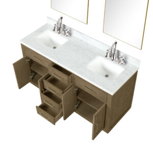 Abbey 60W x 22D Grey Oak Double Bath Vanity, Carrara Marble Top, Faucet Set, and 28Mirrors