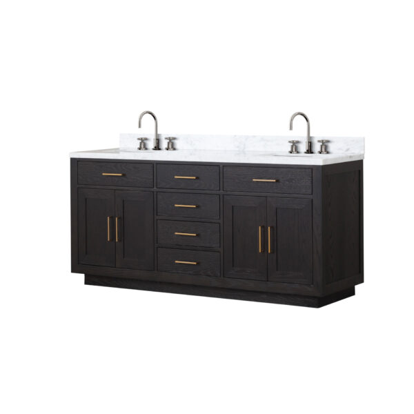 Abbey 72W x 22D Black Oak Double Bath Vanity, Carrara Marble Top, and Faucet Set