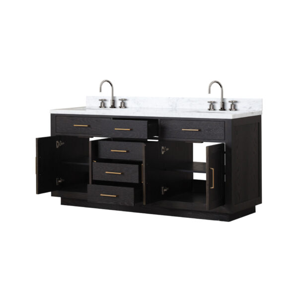 Abbey 72W x 22D Black Oak Double Bath Vanity, Carrara Marble Top, and Faucet Set