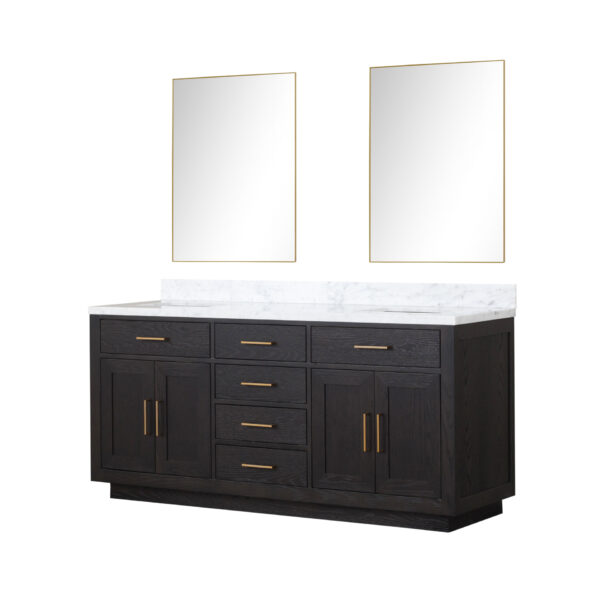 Abbey 72W x 22D Black Oak Double Bath Vanity, Carrara Marble Top, and 34Mirrors