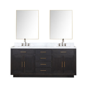 Abbey 72W x 22D Black Oak Double Bath Vanity, Carrara Marble Top, Faucet Set, and 34Mirrors