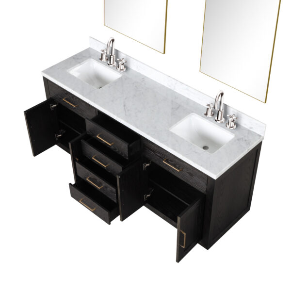 Abbey 72W x 22D Black Oak Double Bath Vanity, Carrara Marble Top, Faucet Set, and 34Mirrors