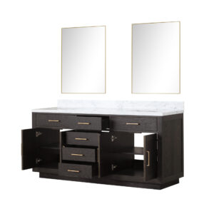 Abbey 72W x 22D Brown Oak Double Bath Vanity, Carrara Marble Top, and 34Mirrors