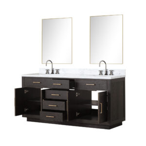 Abbey 72W x 22D Brown Oak Double Bath Vanity, Carrara Marble Top, Faucet Set, and 34Mirrors