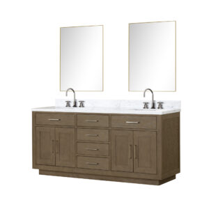 Abbey 72W x 22D Grey Oak Double Bath Vanity, Carrara Marble Top, Faucet Set, and 34Mirrors