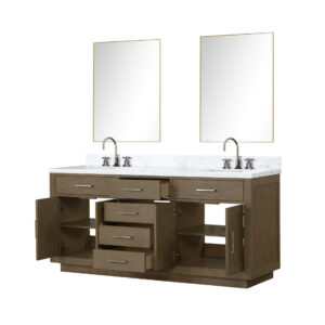 Abbey 72W x 22D Grey Oak Double Bath Vanity, Carrara Marble Top, Faucet Set, and 34Mirrors