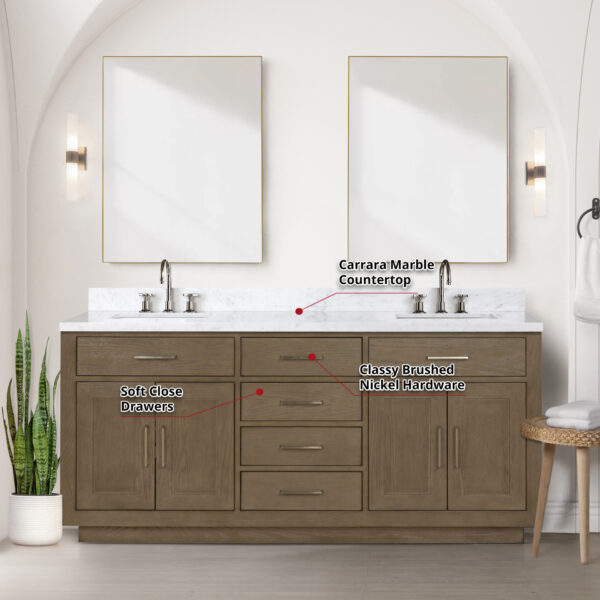 Abbey 72W x 22D Grey Oak Double Bath Vanity and Carrara Marble Top