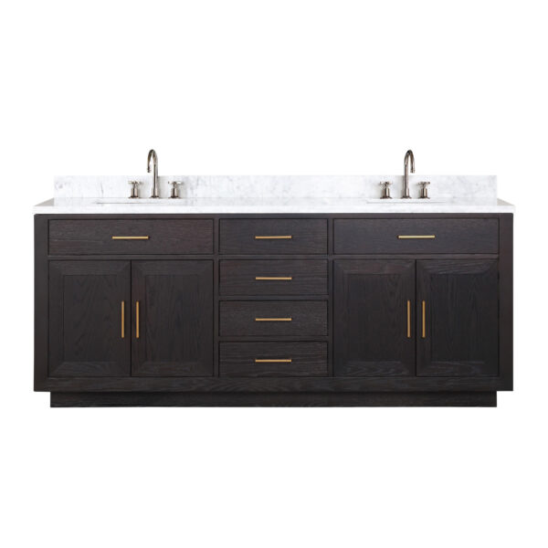 Abbey 80W x 22D Black Oak Double Bath Vanity, Carrara Marble Top, and Faucet Set