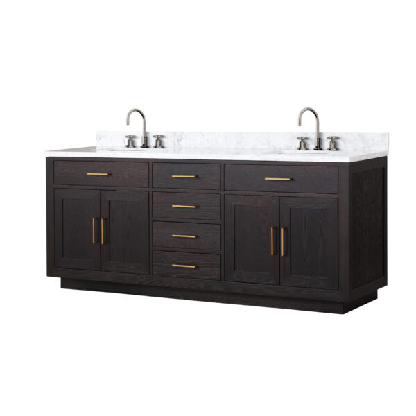 Abbey 80W x 22D Black Oak Double Bath Vanity, Carrara Marble Top, and Faucet Set