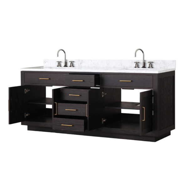 Abbey 80W x 22D Black Oak Double Bath Vanity, Carrara Marble Top, and Faucet Set