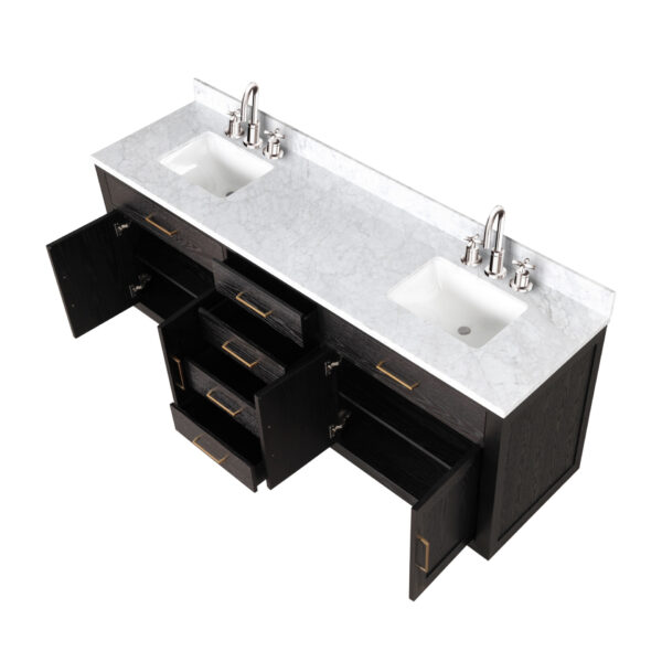 Abbey 80W x 22D Black Oak Double Bath Vanity, Carrara Marble Top, and Faucet Set