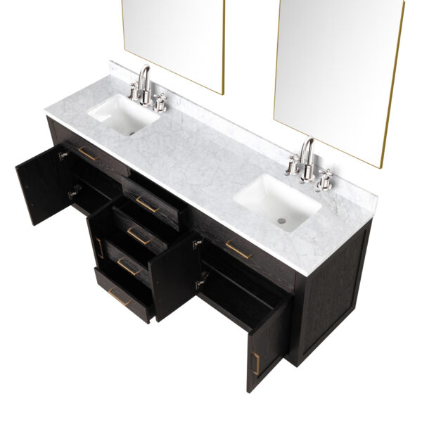 Abbey 80W x 22D Black Oak Double Bath Vanity, Carrara Marble Top, Faucet Set, and 36Mirrors