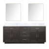 Abbey 80W x 22D Brown Oak Double Bath Vanity, Carrara Marble Top, and 36Mirrors