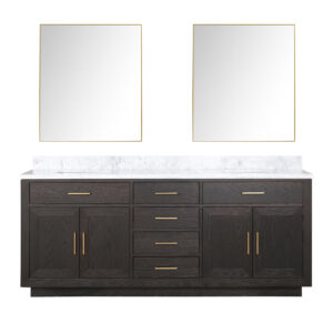 Abbey 80W x 22D Brown Oak Double Bath Vanity, Carrara Marble Top, and 36Mirrors