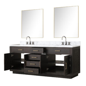 Abbey 80W x 22D Brown Oak Double Bath Vanity, Carrara Marble Top, Faucet Set, and 36Mirrors