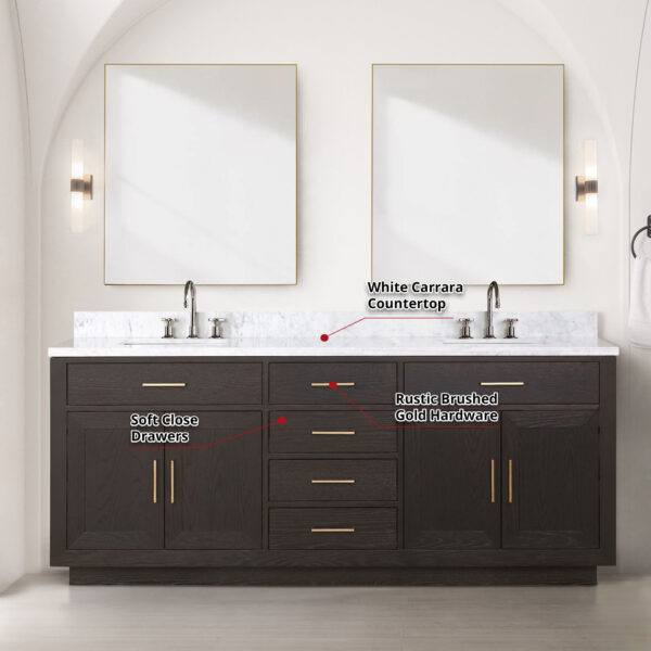 Abbey 80W x 22D Brown Oak Double Bath Vanity and Carrara Marble Top