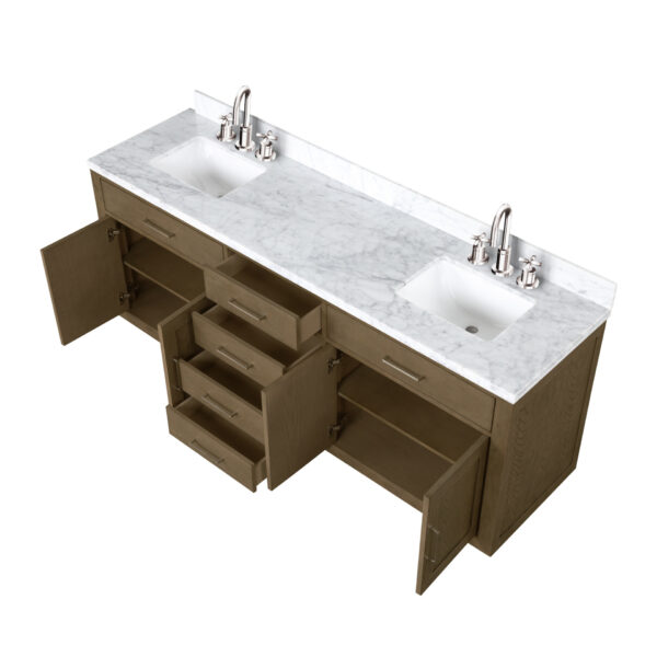 Abbey 80W x 22D Grey Oak Double Bath Vanity, Carrara Marble Top, and Faucet Set