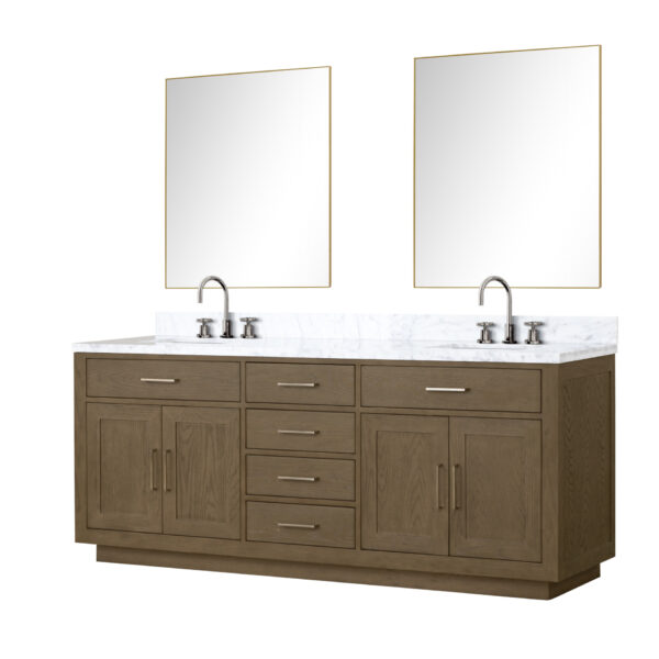 Abbey 80W x 22D Grey Oak Double Bath Vanity, Carrara Marble Top, Faucet Set, and 36Mirrors