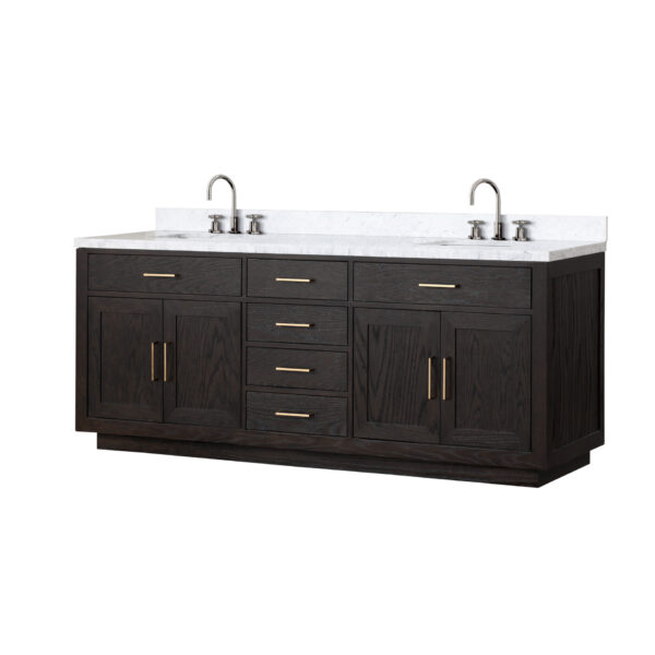 Abbey 84W x 22D Black Oak Double Bath Vanity, Carrara Marble Top, and Faucet Set