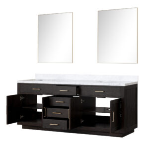 Abbey 84W x 22D Black Oak Double Bath Vanity, Carrara Marble Top, and 36Mirrors