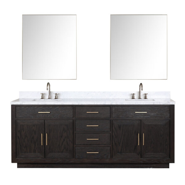 Abbey 84W x 22D Black Oak Double Bath Vanity, Carrara Marble Top, Faucet Set, and 36Mirrors